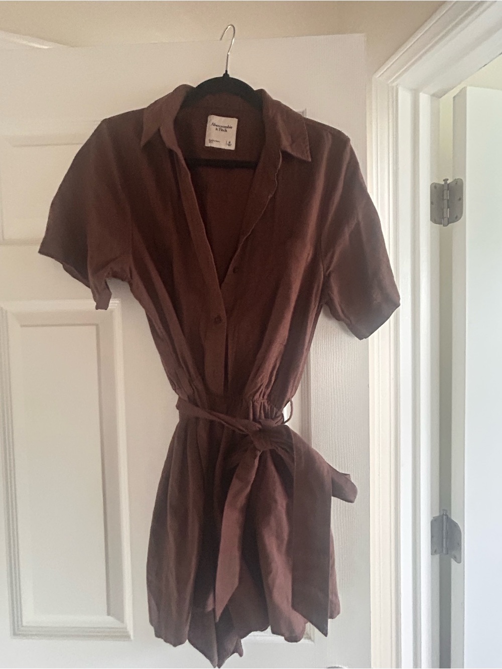 Abercrombie & Fitch Brown Short-Sleeve Tie-Waist Romper